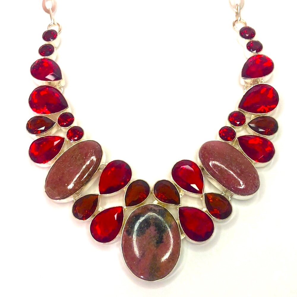 Sterling Silver 925 Red Brown And Pink Quartz Statement Necklace 18”